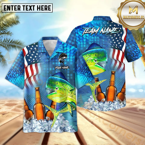 Maxcorners Mahi-Mahi Fishing USA Flag Blue Beer Pattern Sport Jersey Personalized Name, Team Name Hawaiian Shirt