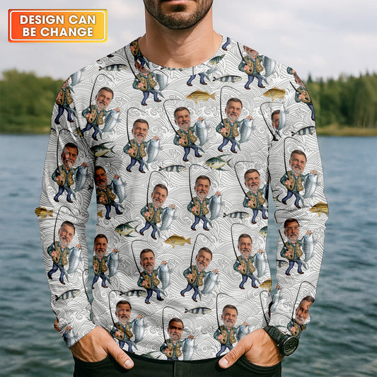 Maxcorners Custom Face Light Grey Funny Fishing Shirt, Personalized Fishing Shirt, Men's Fishing Shirt