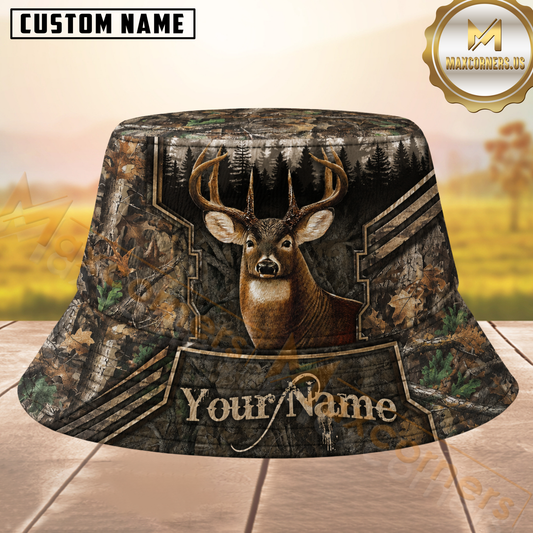 Maxcorners Buck Hunting Geometric Real Tree Camo Personalized Name 3D Bucket Hat