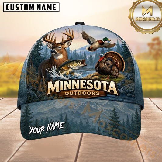 Maxcorners Fishing Minnesota Outdoor Misty Mountain Pine Forest Customized Name 3D Cap