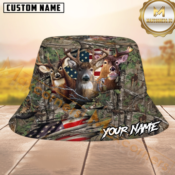 Maxcorners Deer Hunting Mossy Oak Style American Flag Personalized Name 3D Bucket Hat