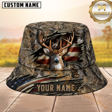 MAXCORNERS BUCK HUNTING RIPPED US FLAG CAMO PERSONALIZED NAME 3D BUCKET HAT
