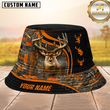Maxcorners Buck Hunting Orange and Black Camo Personalized Name 3D Bucket Hat.