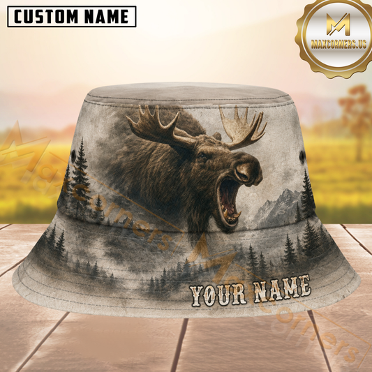 Maxcorners Moose Hunting Smoky Grey Vintage Pine Forest and Rocky Mountains Personalized Name 3D Bucket Hat