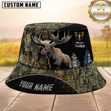 Maxcorners Moose Hunting Split Bark & Black Camo Graphic Design Personalized Name 3D Bucket Hat