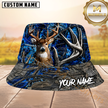Maxcorners Whitetail Deer Hunting Blue Woodland Camo Personalized Name 3D Bucket Hat