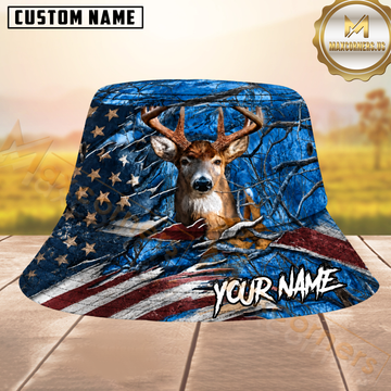 Maxcorners Whitetail Deer Hunting Blue American Flag Personalized Name 3D Bucket Hat