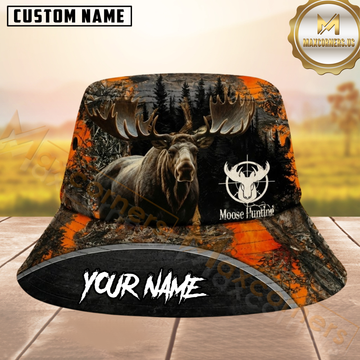 Maxcorners Bull Moose Hunting Blaze Orange Woodland Camo Personalized Name 3D Bucket Hat