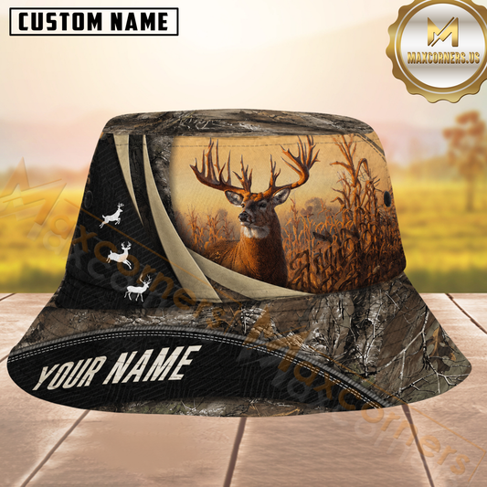 Maxcorners Buck Hunting Golden Cornfield and Dark Camo Personalized Name 3D Bucket Hat