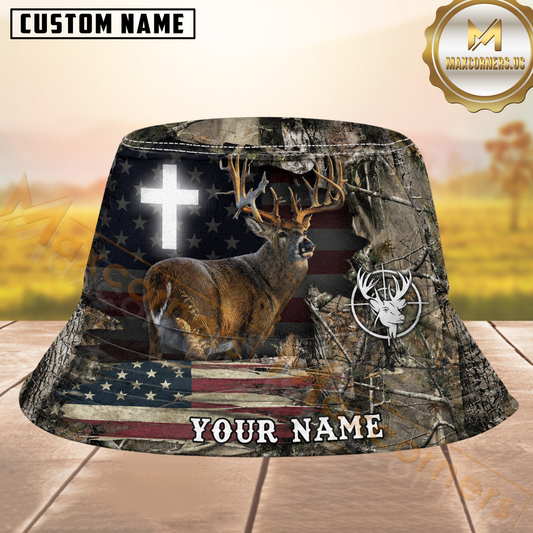 Maxcorners Buck Hunting American Flag Camo and Christian Cross Personalized Name 3D Bucket Hat