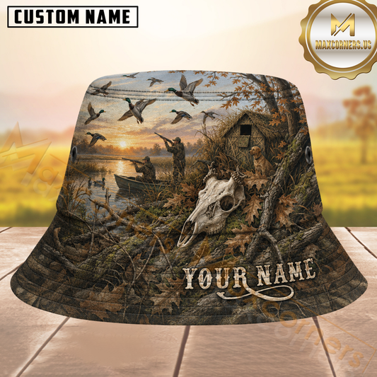 Maxcorners Deer Hunting Rustic Autumn Marsh Duck Scene Earthy Brown Personalized Name 3D Bucket Hat