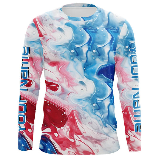 Maxcorners Red, White, Blue Tie Dye Camo Custom Long Sleeve Fishing Shirts, Patriotic Fishing Jersey LM0201