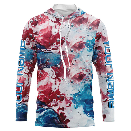 Maxcorners Red, White, Blue Tie Dye Camo Custom Long Sleeve Fishing Shirts, Patriotic Fishing Jerseys LM0201