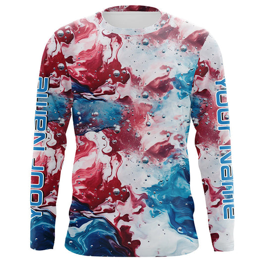 Maxcorners Red, White, Blue Tie Dye Camo Custom Long Sleeve Fishing Shirts, Patriotic Fishing Jerseys LM0201