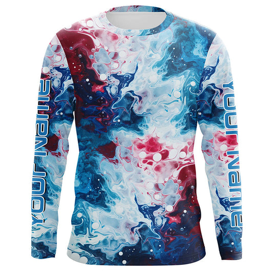 Maxcorners Red, White, Blue Tie Dye Camo Custom Long Sleeve Fishing Shirts, Patriotic Fishing Jerseys 2 LM0201