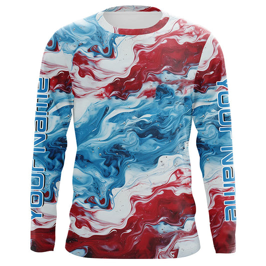 Maxcorners Red, White, Blue Tie Dye Camo Custom Long Sleeve Fishing Shirts, Patriotic Fishing Jerseys 1 LM0201