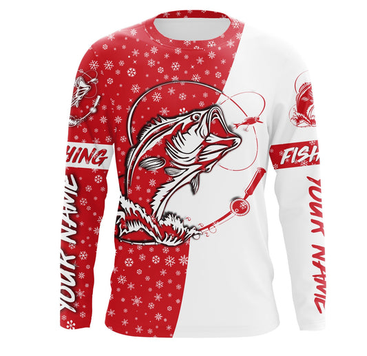 Maxcorners Bass Fishing Christmas Custom Long Sleeve Fishing Shirts, Bass Fishing Christmas gifts LM0201