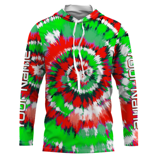Maxcorners Green and red Christmas Tie dye Custom Shirts, Long Sleeve performance Christmas Fishing gifts LM0201