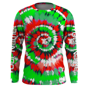 Maxcorners Green and red Christmas Tie dye Custom Shirts, Long Sleeve performance Christmas Fishing gifts LM0201