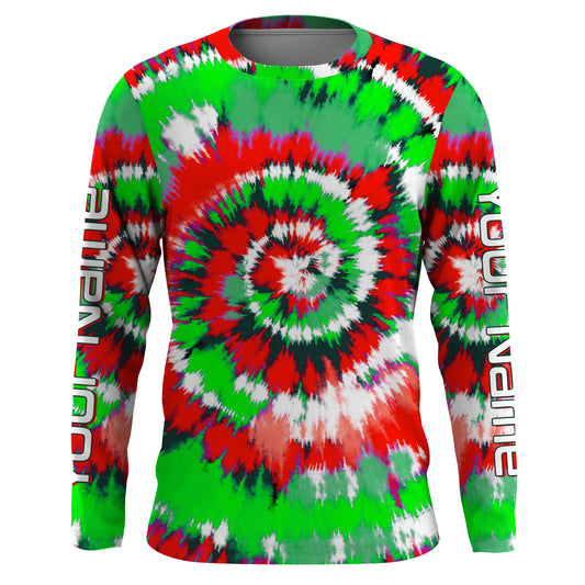 Maxcorners Green and red Christmas Tie dye Custom Shirts, Long Sleeve performance Christmas Fishing gifts LM0201