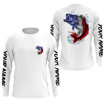 Maxcorners Bass Fishing American Flag Custom Long Sleeve Performance Shirts, Patriotic Bass Fishing Jerseys LM0201