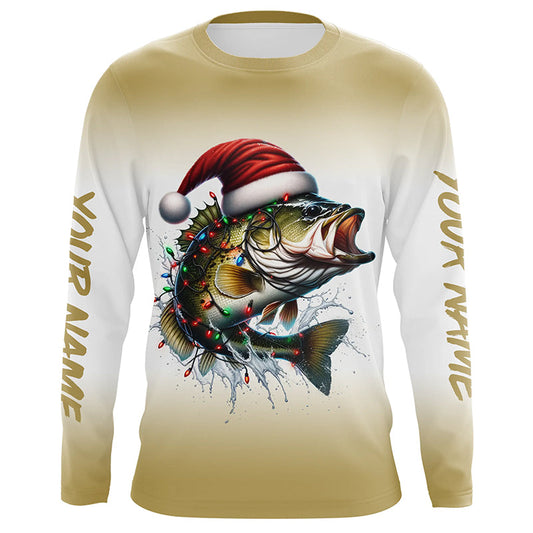 Maxcorners Christmas Lights String Bass Christmas Fishing Shirts With Customized Name, Xmas Fishing Gifts LM0201
