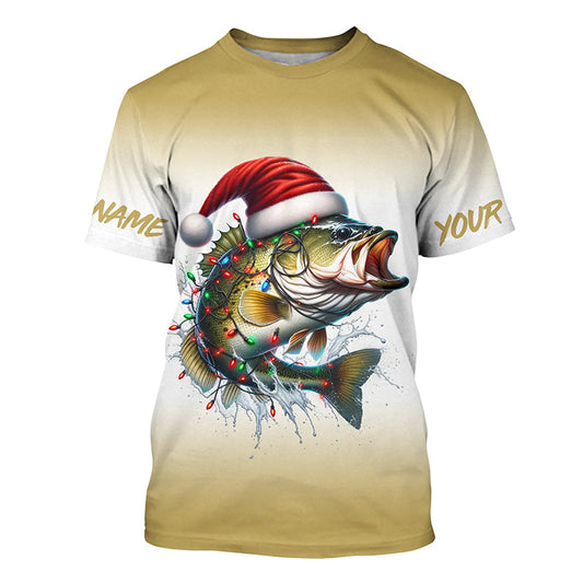 Maxcorners Christmas Lights String Bass Christmas Fishing Shirts With Customized Name, Xmas Fishing Gifts LM0201