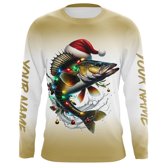 Maxcorners Christmas Lights String Walleye Christmas Fishing Shirts With Customized Name, Xmas Fishing Gifts LM0201