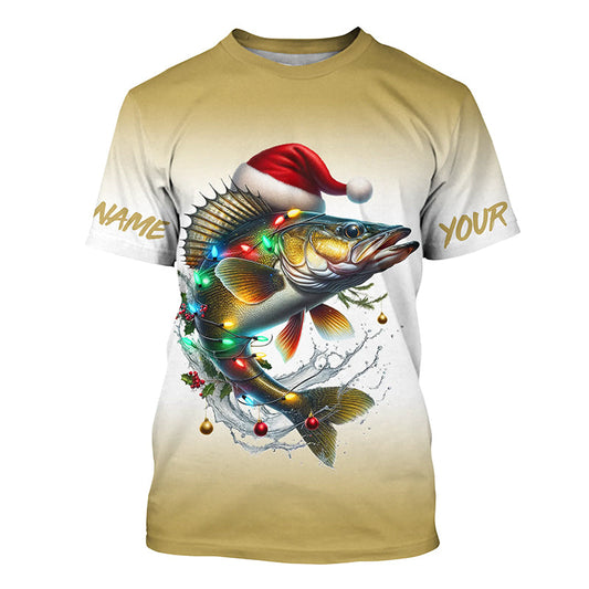 Maxcorners Christmas Lights String Walleye Christmas Fishing Shirts With Customized Name, Xmas Fishing Gifts LM0201