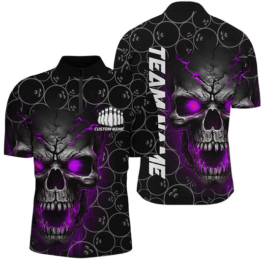 MaxCorners Bowling Ball And Pins Skull Ball Pattern Multil Color Customized Name, Team Name 3D Stand Collar Zipper Polo Shirt
