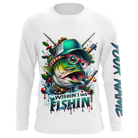 Maxcorners Wishin' I Was Fishin' Custom Funny Bass Christmas Fishing Shirts Bass Christmas Fishing Gifts LM0201