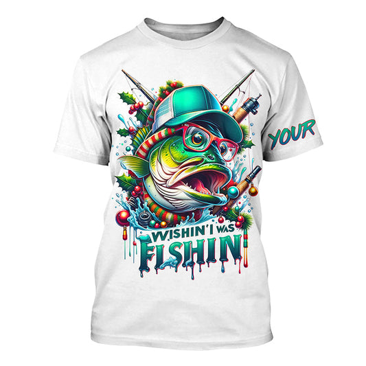 Maxcorners Wishin' I Was Fishin' Custom Funny Bass Christmas Fishing Shirts Bass Christmas Fishing Gifts LM0201