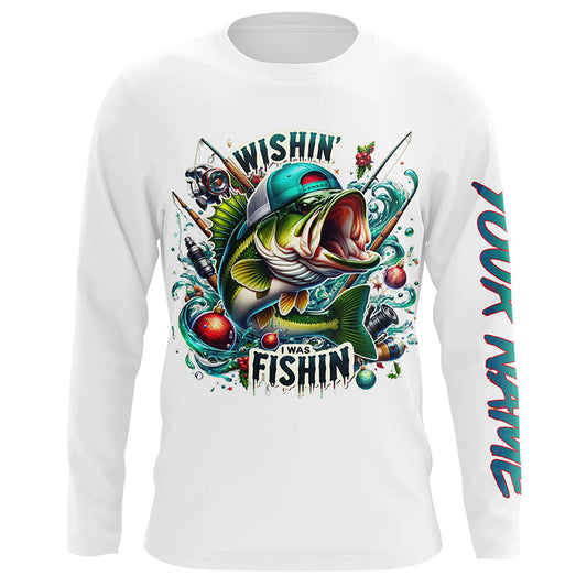 Maxcorners Wishin' I Was Fishin' Custom Funny Bass Christmas Fishing Shirts Bass Christmas Fishing Gift LM0201