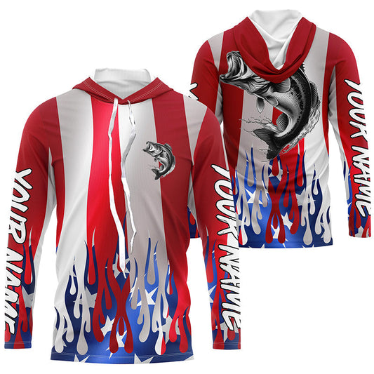 Maxcorners Custom 3D Flame American Flag Bass Long Sleeve Fishing Shirts, Patriotic Bass Fishing Jerseys LM0501