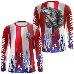 Maxcorners Custom 3D Flame American Flag Crappie Long Sleeve Fishing Shirts, Patriotic Crappie Fishing Jerseys  LM2408