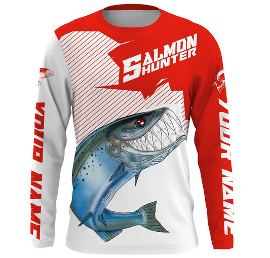 Maxcorners Angry Chinook King Salmon Custom Long sleeve Fishing Shirts, Salmon hunter Fishing jerseys | red LM0201