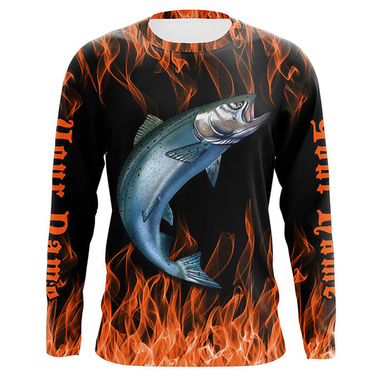 Maxcorners King Salmon Custom Saltwater Fishing Shirts, Salmon Long Sleeve Flame Fishing Jerseys | Orange LM0201
