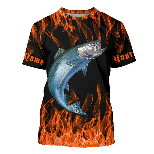 Maxcorners King Salmon Custom Saltwater Fishing Shirts, Salmon Long Sleeve Flame Fishing Jerseys | Orange LM0201