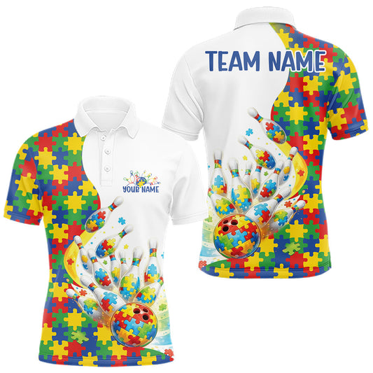 Maxcorners Custom Colorful Autism Awareness Butterfly Ribbon Bowling Men Shirt, Puzzles Jersey 3 LM1104