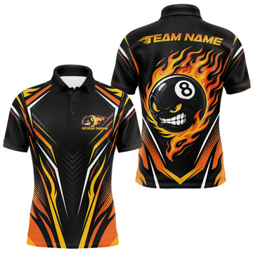 Maxcorners Custom Black And Orange Flame Angry 8 Ball Billiards Jerseys Polo Shirt For Men