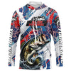 Maxcorners Red, White And Blue Lightning Camo Custom Largemouth Bass Long Sleeve Tournament Fishing Shirts LM0201