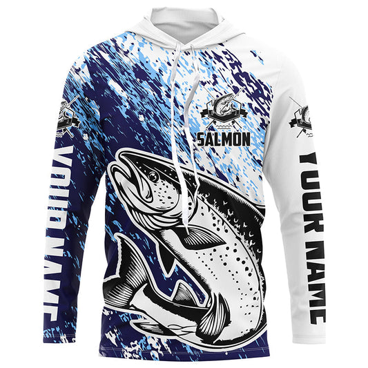 Maxcorners Custom Salmon Fishing Jerseys, Salmon Fishing Long Sleeve Performance Shirts | Blue LM0201