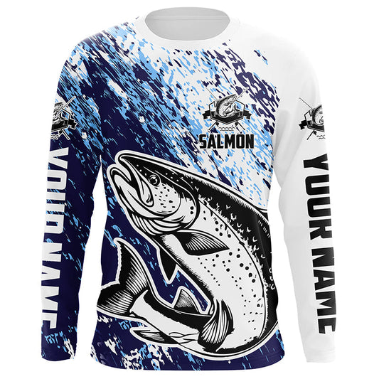 Maxcorners Custom Salmon Fishing Jerseys, Salmon Fishing Long Sleeve Performance Shirts | Blue LM0201