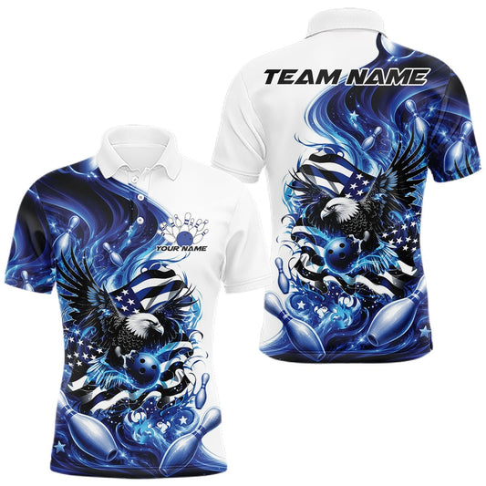 Maxcorners Custom Blue Flame American Egle Bowling Men Polo Shirt, Patriotic Bowling Team Shirt