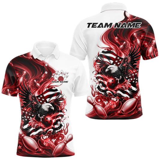 Maxcorners Custom Red Flame American Egle Bowling Men Polo Shirt, Patriotic Bowling Team Shirt
