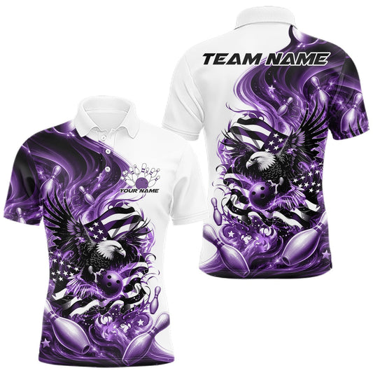 Maxcorners Custom Purple Flame American Egle Bowling Men Polo Shirt, Patriotic Bowling Team Shirt