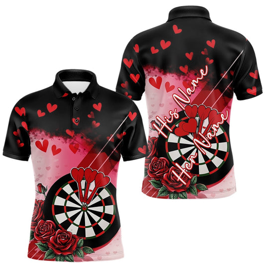 Maxcorners Custom Black And Red Heart Theme Valentine Dart Men Polo Shirt, Couple Dart Shirt TU0501