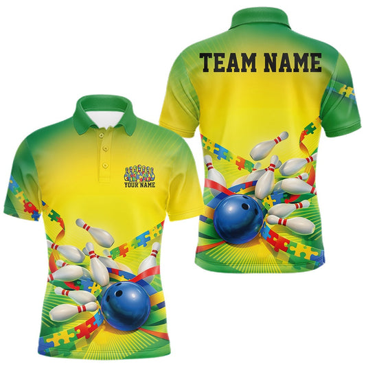 Maxcorners Custom Autism Awareness Bowling Men Polo Shirt, Puzzles Ribbon Bowler Outfits
