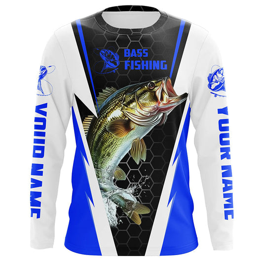 Maxcorners Personalized Bass Fishing Jerseys, Bass Fishing Long Sleeve Fishing Tournament Shirts | Blue LM0201