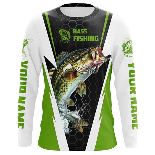 Maxcorners Personalized Bass Fishing Jerseys, Bass Fishing Long Sleeve Fishing Tournament Shirts | Green LM0201